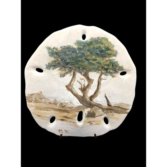 Hand-Painted Sand Dollar Art Monterey Cypress 4.5 x 5 In. Signed By Artist M.R. - Picture 3 of 8